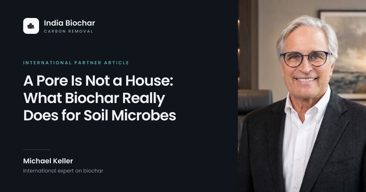 Michael Keller beside the article title “A Pore Is Not a House: What Biochar Really Does for Soil Microbes” on the India Biochar international partner article card.